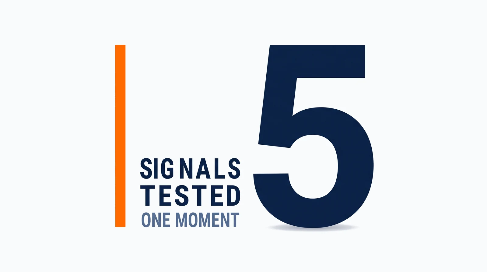 A single very large numeral five standing alone on white, right of centre, with no chart, scale or container of any kind. To its left a three-mark stack reads Signals, Tested, One moment, and one tall solid orange upright rule stands at the far left beside the stack, touching nothing.