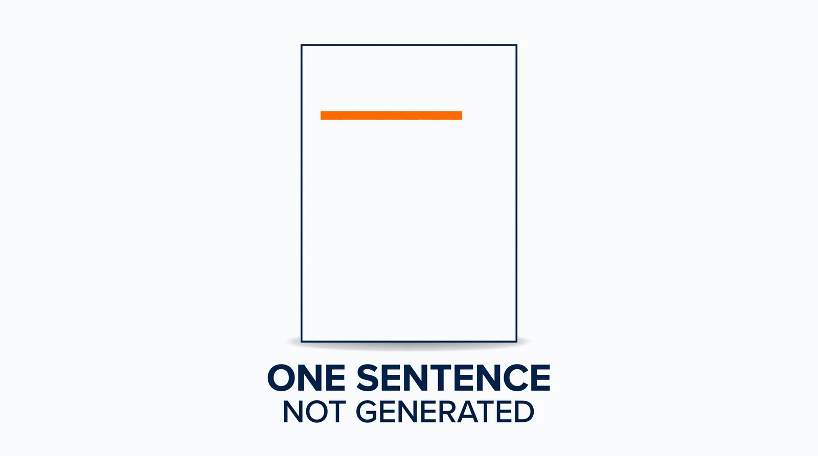 An upright page standing alone on pale ground, its face empty apart from one short orange rule lying where the first line of writing would go. Two marks stand in the open ground beneath the page, flush with its left edge: One sentence, and under that, Not generated.